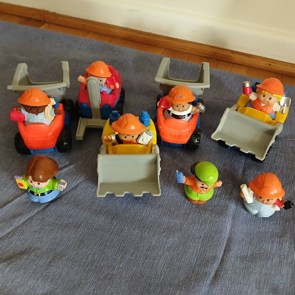 Fisher-Price Little People Construction Trucks x 5 + figures x 8 Used